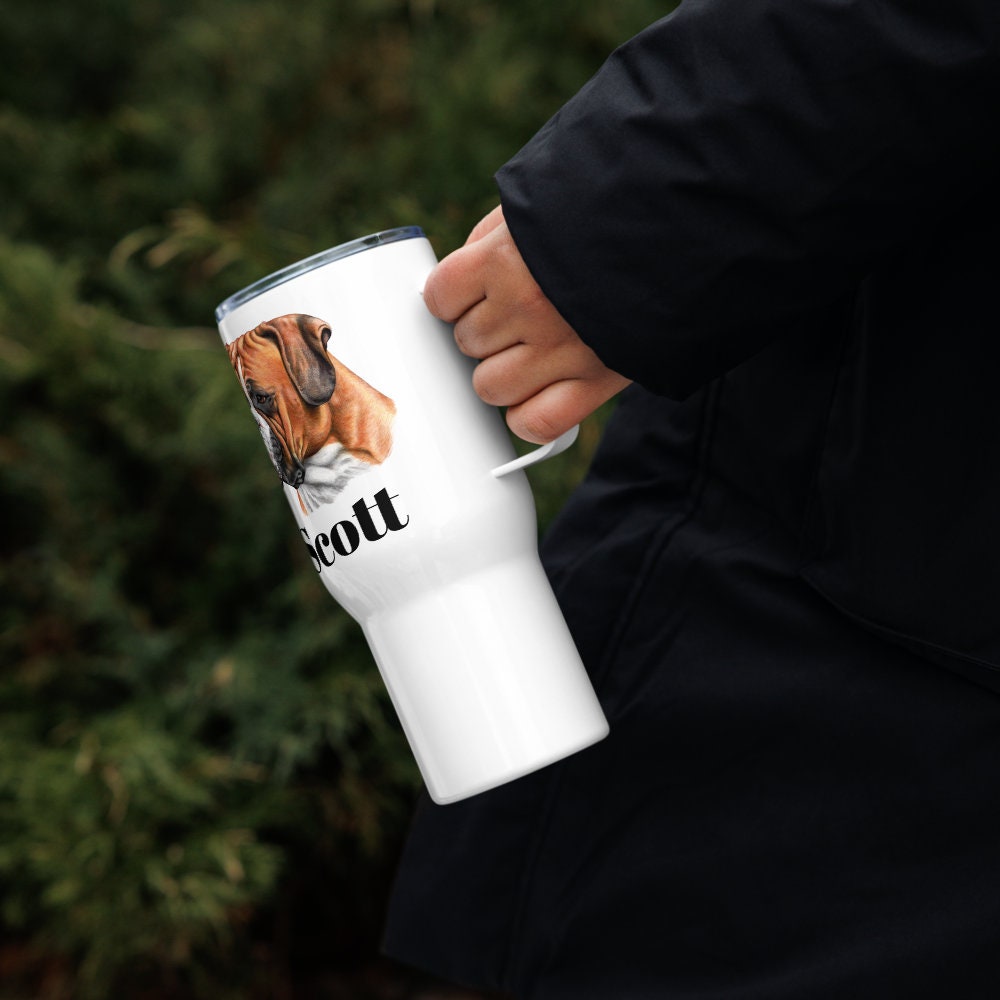 Custom Boxer Dog Travel Mug Tumbler with Handle, Stainless Steel BPA-free plastic Cup, 25 Ounce Mug, Dad Dog Lover Gift