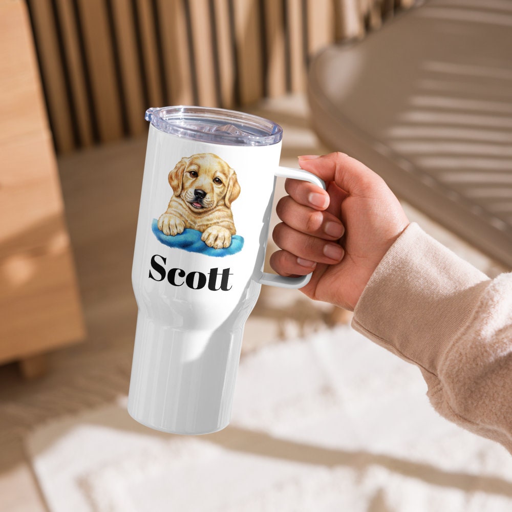 Custom Golden Retriever Puppy Dog Travel Mug Tumbler with Handle, Stainless Steel BPA-free Cup, 25 Ounce Mug, Dad Mom Dog Lover Gift