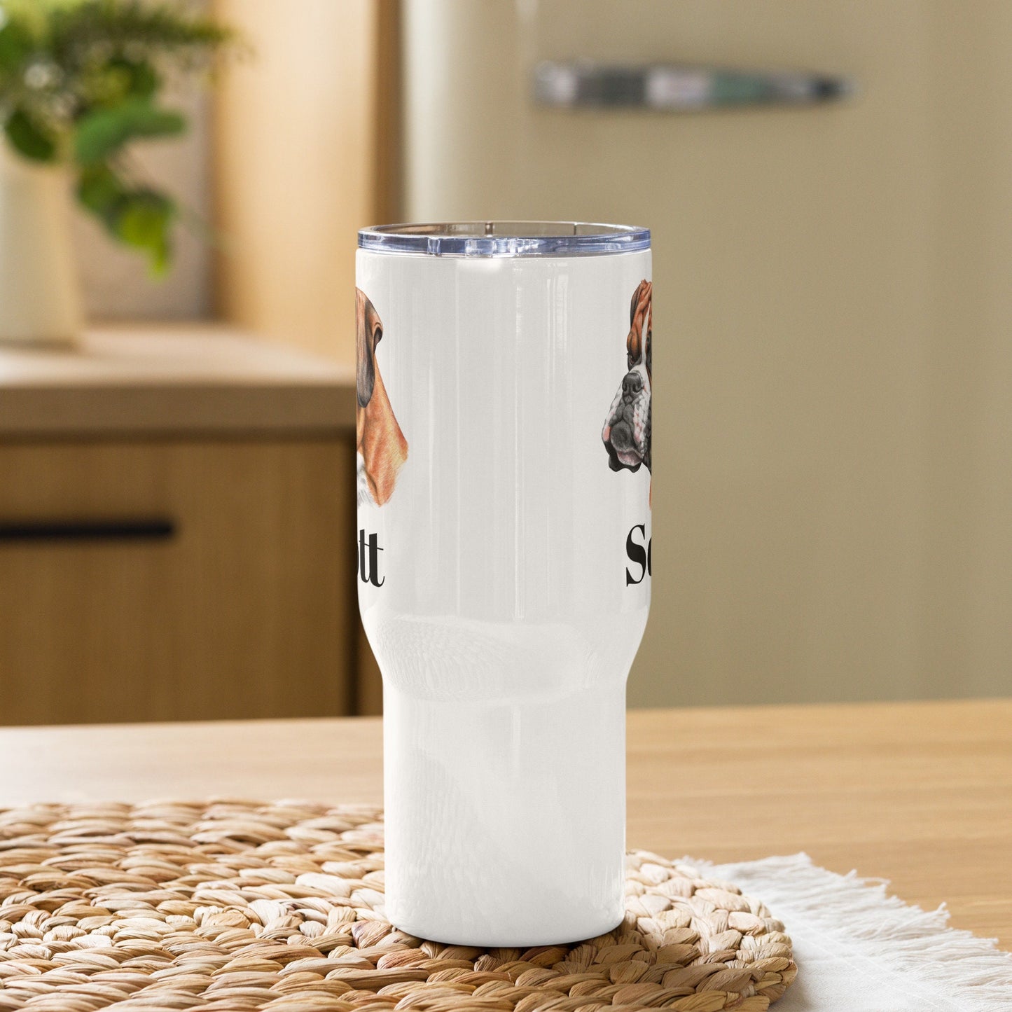 Custom Boxer Dog Travel Mug Tumbler with Handle, Stainless Steel BPA-free plastic Cup, 25 Ounce Mug, Dad Dog Lover Gift