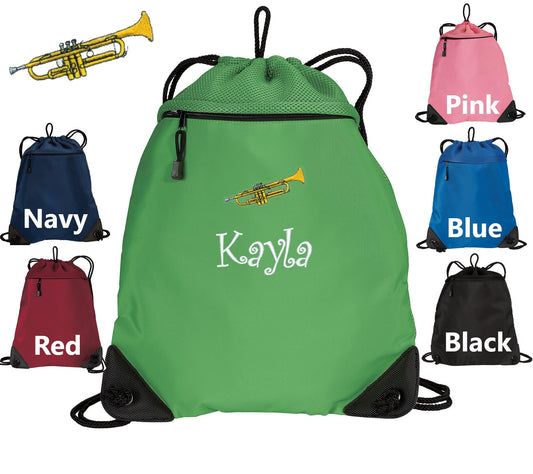 Personalized Kids Cinch Pack Embroidered Trumpet Design, Drawstring Gym School PE Pool Backpack, Monogrammed Custom Name, Kids Band Gift