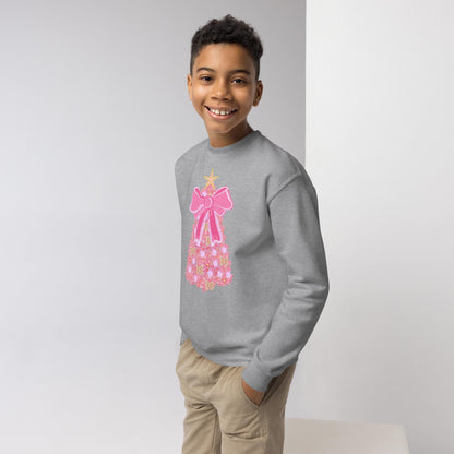 Kids Pink Christmas Tree Bow Sweatshirt, Christmas Sweatshirt for Children, Christmas Tree shirt, Christmas Coquette Christmas Shirt