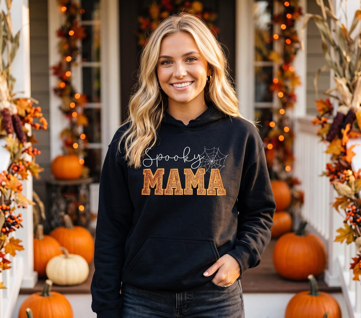 Halloween Hoodie, Sweatshirt with Spooky Mama Glitter Applique, Warm Custom Sweat shirt, Mom Girlfriend Gift
