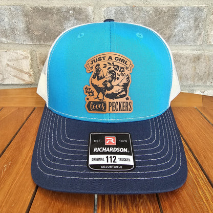 Chicken Leather Patch Trucker Hat, Richardson 112, Just a Girl Loves Peckers Cap, Funny Hat, Chicken Lover Hat, Farmer Gift, Laser Engraved