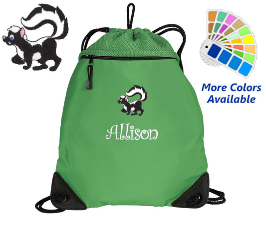 Personalized Cinch Pack, Drawstring Gym School PE, Pool Backpack, Embroidered Skunk, Monogrammed Custom Name, Perfect Gift