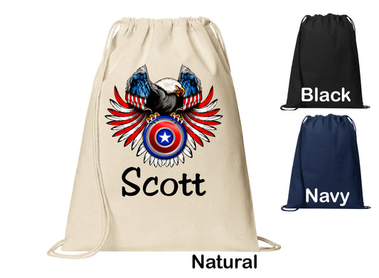 Personalized Eagle Flag Tail Patriotic Cinch Pack, Drawstring Gym School PE Pool Backpack, Printed Monogrammed Custom Name, Perfect Gift