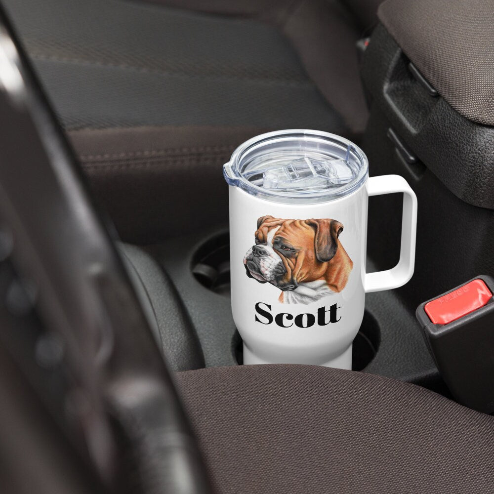 Custom Boxer Dog Travel Mug Tumbler with Handle, Stainless Steel BPA-free plastic Cup, 25 Ounce Mug, Dad Dog Lover Gift