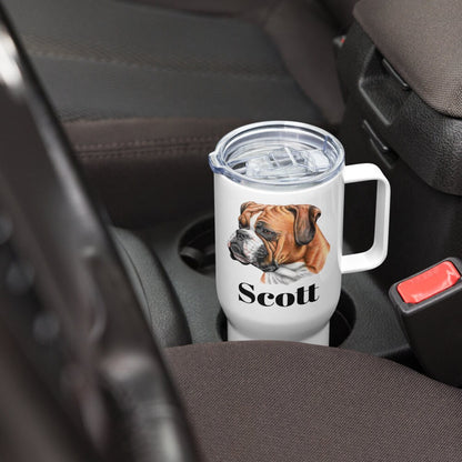 Custom Boxer Dog Travel Mug Tumbler with Handle, Stainless Steel BPA-free plastic Cup, 25 Ounce Mug, Dad Dog Lover Gift