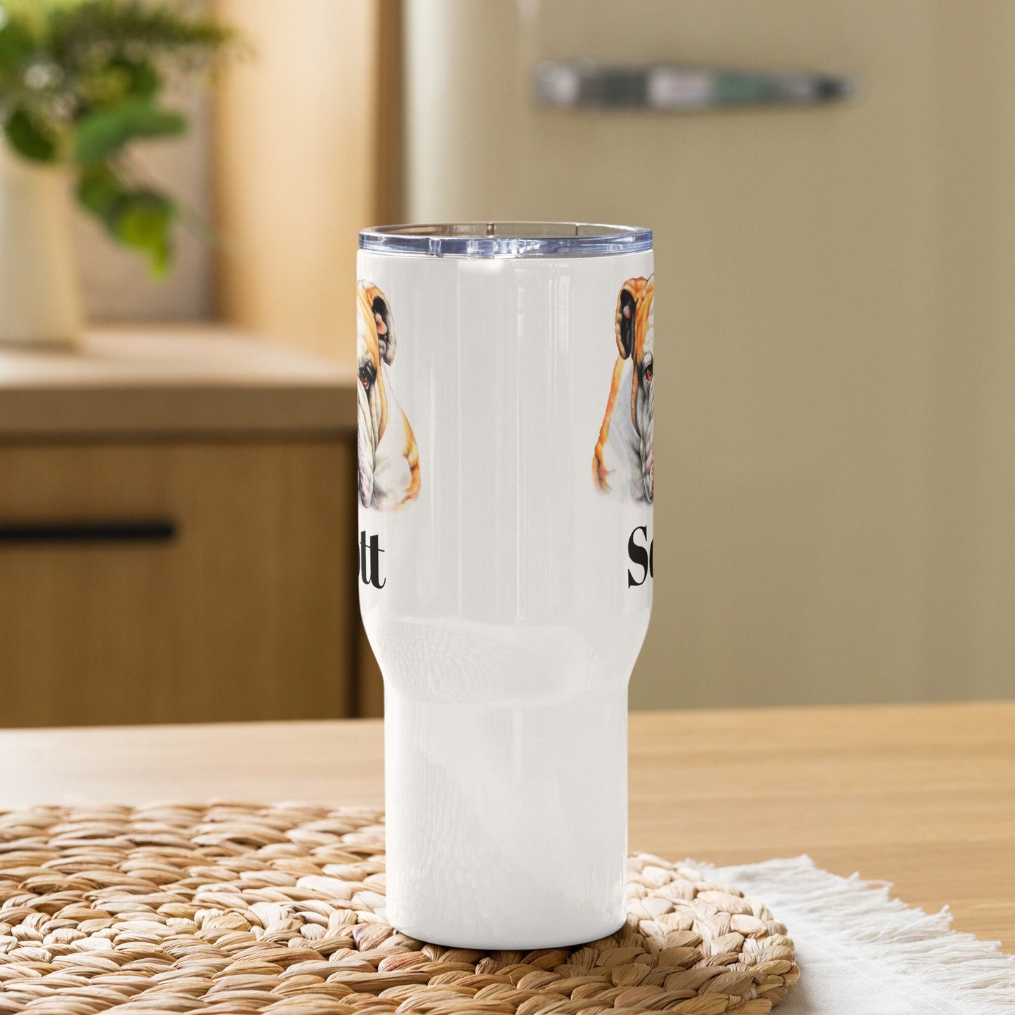 Custom Bulldog Dog Travel Mug Tumbler with Handle, Stainless Steel BPA-free plastic Cup, 25 Ounce Mug, Dad Mom Dog Lover Gift