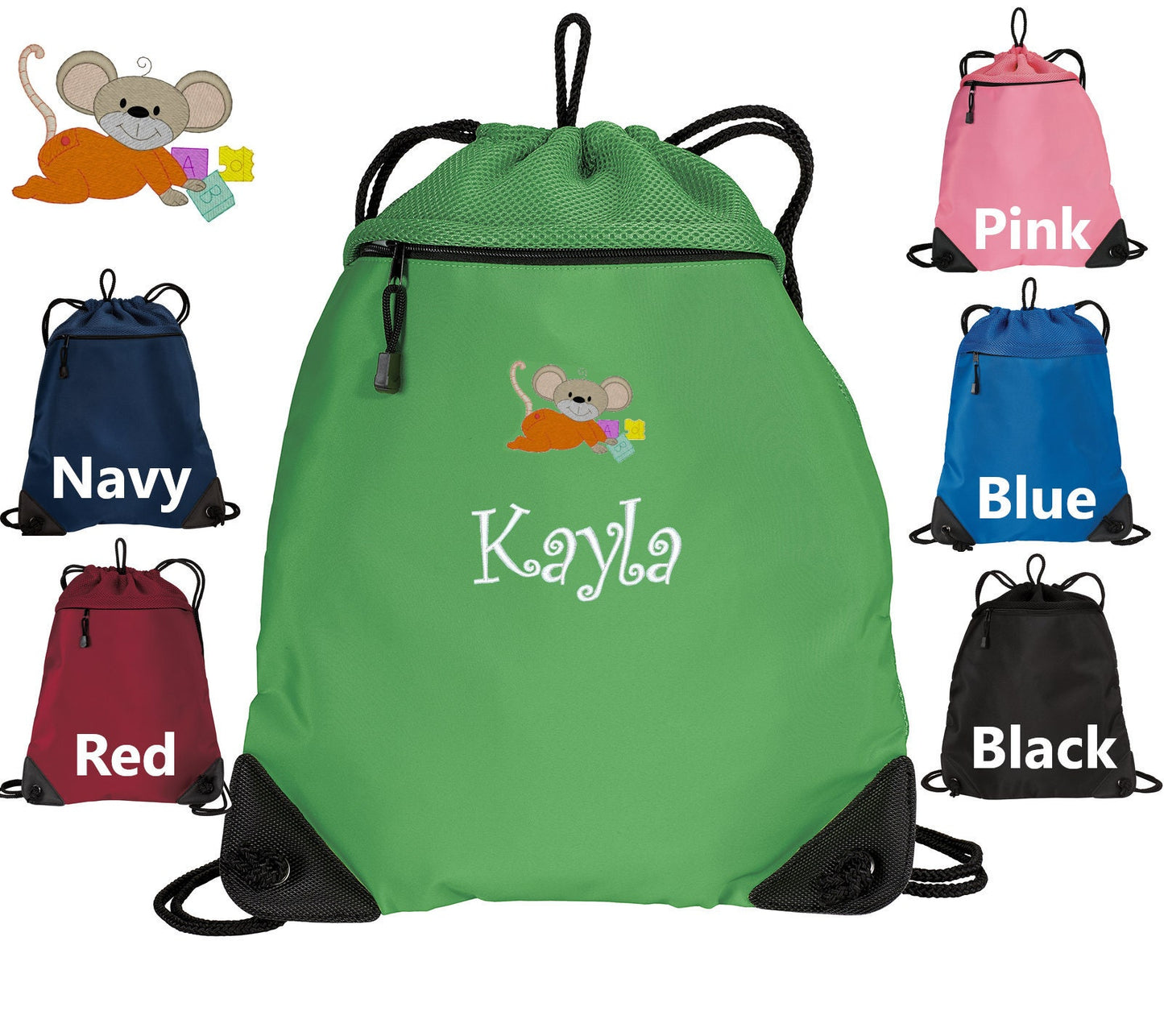 Personalized Kids Cinch Pack, Drawstring Gym School PE Pool Backpack, Embroidered Mouse, Monogrammed Custom Name, Kids Gift