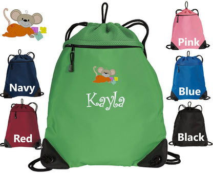 Personalized Kids Cinch Pack, Drawstring Gym School PE Pool Backpack, Embroidered Mouse, Monogrammed Custom Name, Kids Gift