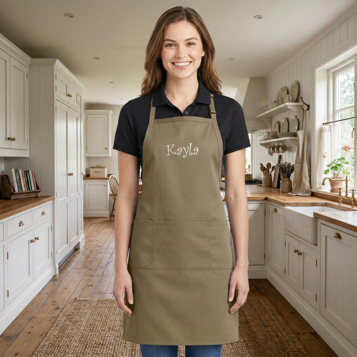 Personalized Extra Long Apron Bib, 3 Large Pockets, Stain Release, Custom Womens Apron, Kitchen Baking, Crafts