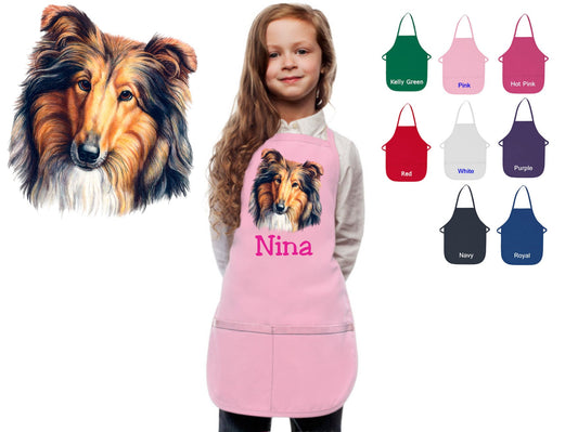 Personalized Kids Apron Collie Sheltie Dog Design, Monogrammed Chef Gift, Chef Gift, Cooking Party, Art Party, School Aprons, Printed Apron