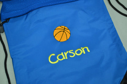 Personalized Kids Cinch Pack Drawstring Gym School PE Pool Backpack Embroidered Basketball Monogrammed with Custom Name Perfect Kids Gift