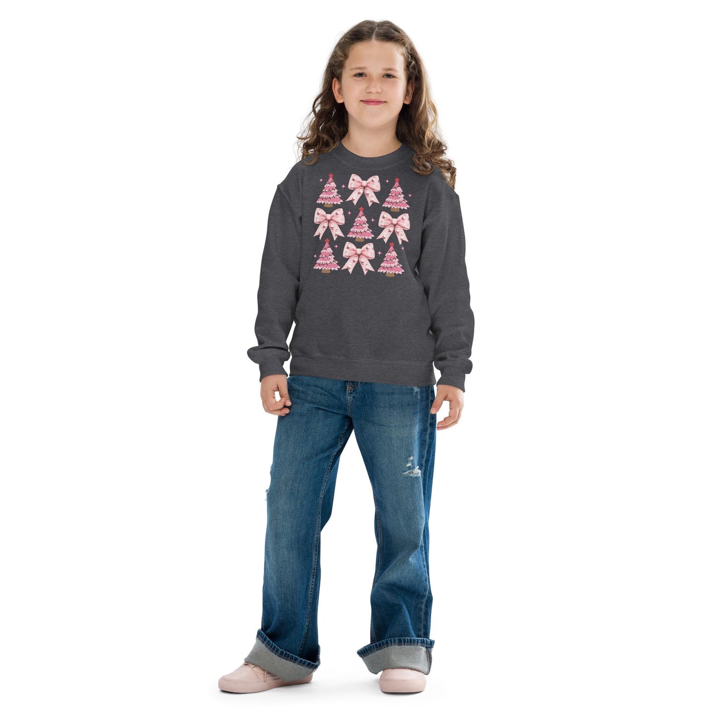 Kids Coquette Christmas Sweatshirt, Pretty Pink Bows, Santas Sweatshirt, Pink Xmas Trees, Festive Holiday Crewneck, Girl Christmas Sweater
