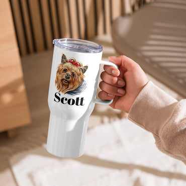 Custom Yorkshire Terrier Yorkie Dog Travel Mug Tumbler with Handle, Stainless Steel BPA-free Cup, 25 Ounce Mug, Dad Mom Dog Lover Gift