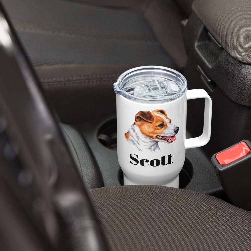 Custom Jack Russell Terrier Dog Travel Mug Tumbler with Handle, Stainless Steel BPA-free Cup, 25 Ounce Mug, Dad Mom Dog Lover Gift