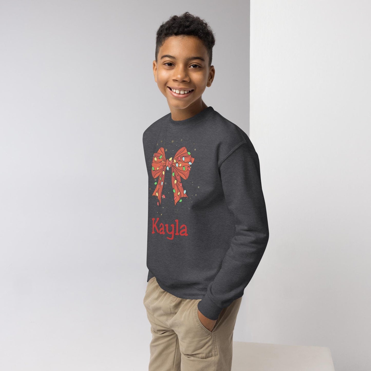 Personalized Kids Christmas Bow Sweatshirt, Xmas Sweater, Christmas Season Gifts, Christmas Gift, Xmas Sweatshirt, Christmas Kids Gift