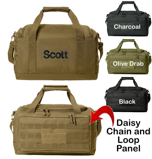 Personalized Tactical Duffel Bag, Range Bag, Loop Panel for Badges Patches, Military, Daisy Chain, Embroidered Monogrammed Custom Name