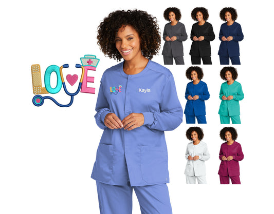 Personalized Unisex Scrubs Jacket with Love Design, Custom Embroidered Name, Doctor, Nurse, Veterinarian, Hospital, Shirt, Medical Apparel