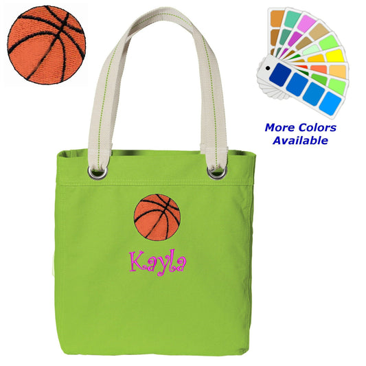 Personalized Canvas Tote Bag, Basketball Design, Contrast Lined with Metal Grommets, Embroidered with Name or Text of Your Choice