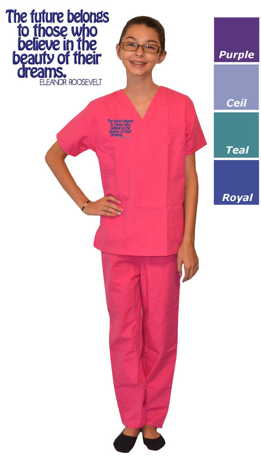 Kids Scrubs with Eleanor Roosevelt Dreams Quote Embroidery Design