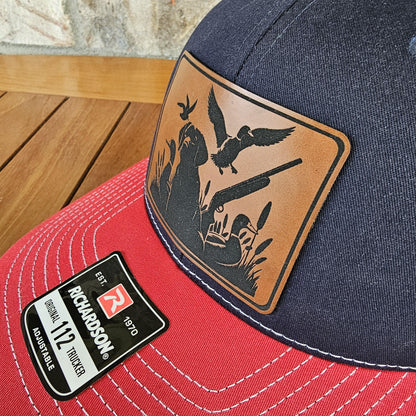 Duck Hunter Leather Patch Trucker Hat, Richardson 112, Bird Dog Hunter Hat, Dad Gift Husband Gift, Sportsman Gift, Laser Engraved