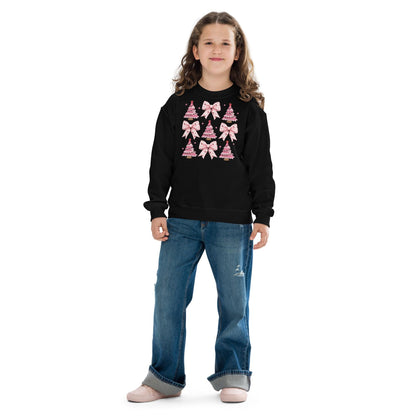 Kids Coquette Christmas Sweatshirt, Pretty Pink Bows, Santas Sweatshirt, Pink Xmas Trees, Festive Holiday Crewneck, Girl Christmas Sweater