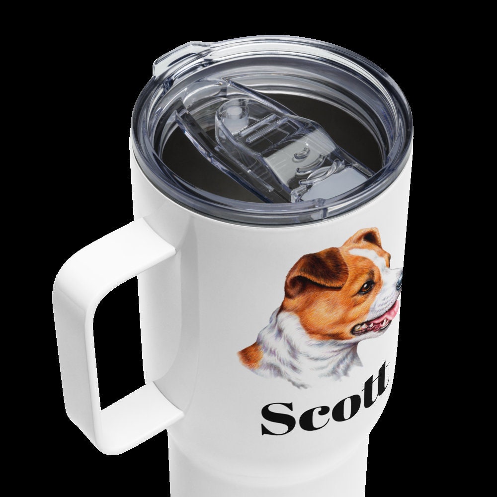 Custom Jack Russell Terrier Dog Travel Mug Tumbler with Handle, Stainless Steel BPA-free Cup, 25 Ounce Mug, Dad Mom Dog Lover Gift