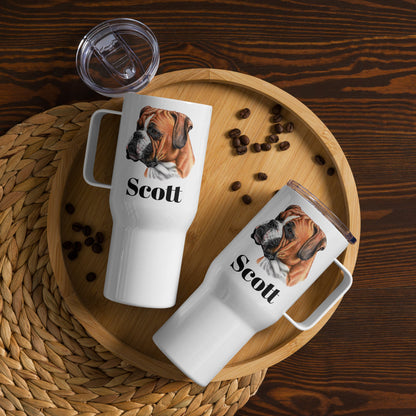 Custom Boxer Dog Travel Mug Tumbler with Handle, Stainless Steel BPA-free plastic Cup, 25 Ounce Mug, Dad Dog Lover Gift
