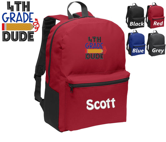 Personalized Kids 4th Grade Backpack Embroidered Dude Design, Funny Backpack, Monogrammed Name, Perfect Kids School Sports Gift
