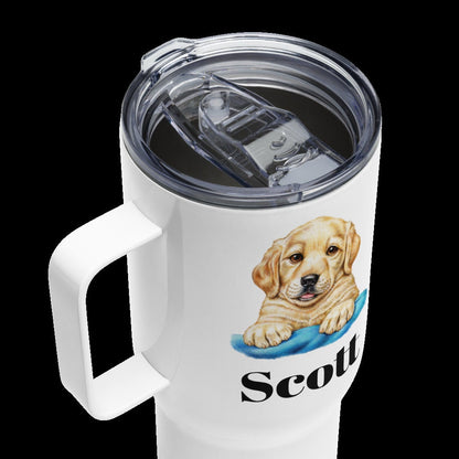 Custom Golden Retriever Puppy Dog Travel Mug Tumbler with Handle, Stainless Steel BPA-free Cup, 25 Ounce Mug, Dad Mom Dog Lover Gift