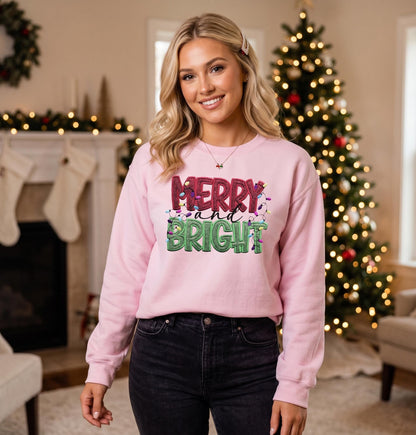 Embroidered Christmas Sweatshirt, Sweatshirt with Merry and Bright Applique, Warm Fall Sweatshirt, Fall Gift, Womens