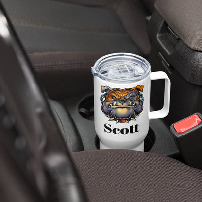 Custom Bulldog Dog Travel Mug Tumbler with Handle, Stainless Steel BPA-free plastic Cup, 25 Ounce Mug, Dad Mom Dog Lover Gift