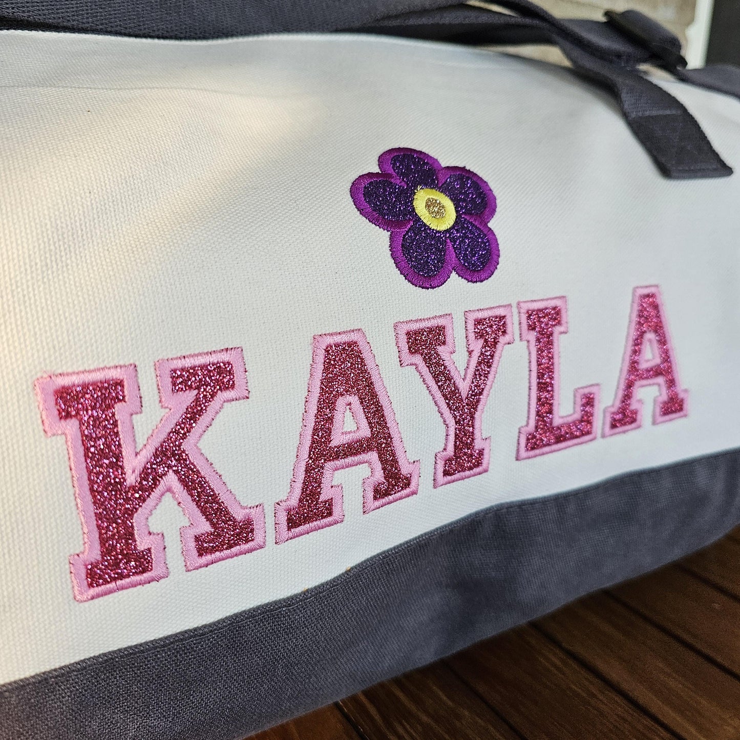 Personalized Cotton Duffel Bag, Glitter Flower Applique Gym School PE Pool Bag, Embroidered, Monogrammed Custom Name, Kids Gift School Gift