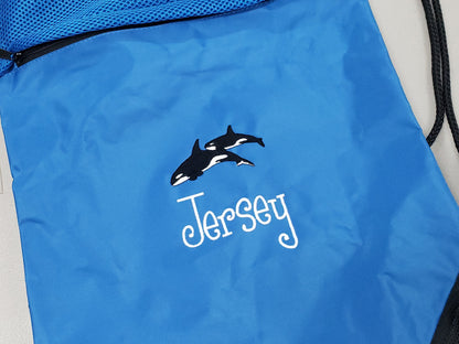 Personalized Whale Cinch Pack Embroidered Killer Whale, Drawstring Gym School PE Pool Backpack, Monogrammed Custom Name, Gift