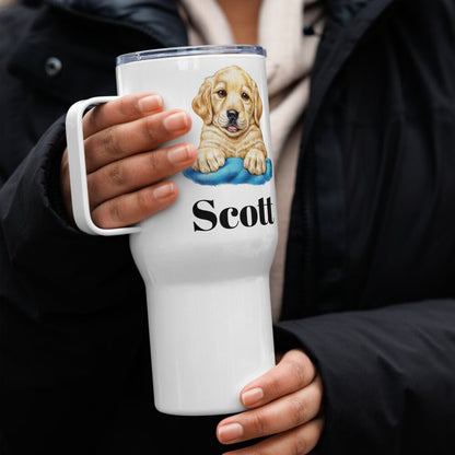 Custom Golden Retriever Puppy Dog Travel Mug Tumbler with Handle, Stainless Steel BPA-free Cup, 25 Ounce Mug, Dad Mom Dog Lover Gift