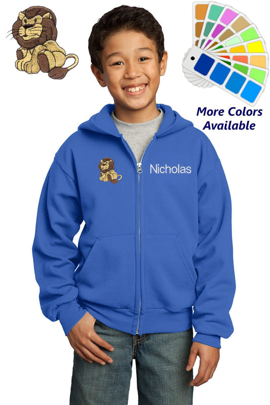 Personalized Kids Hoodie Sweatshirt Zipper Embroidered Lion Design with a Name of Your Choice
