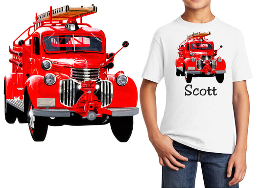 Personalized Kids T-Shirt Fire Engine Truck Design, T-Shirt, Colorful, Cotton, Low Price Inexpensive Tee Shirt, Student Gift, School Gift