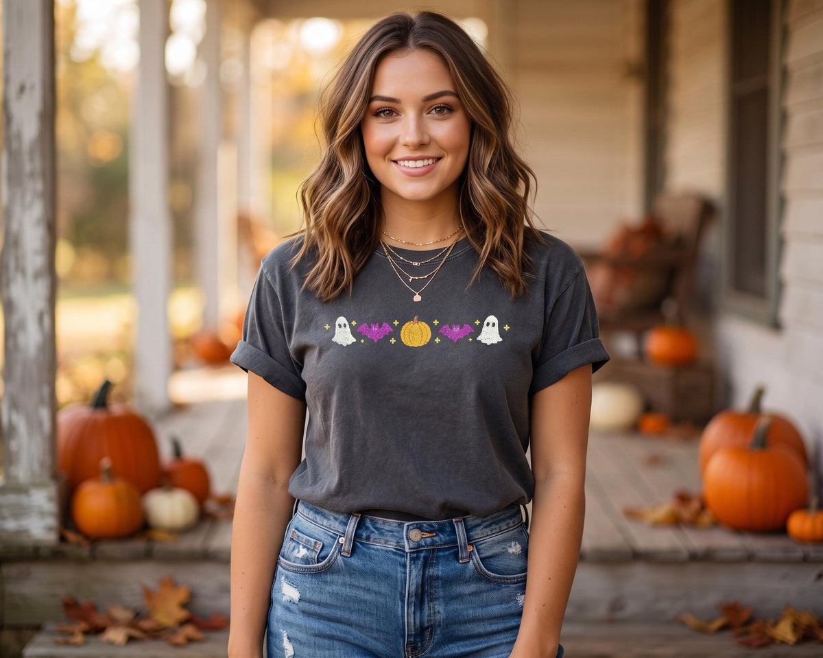 Embroidered Halloween T shirt, Icons Design, Comfort Colors, Retro Style with Name, Fall shirt, Monogrammed, Women Unisex Tee