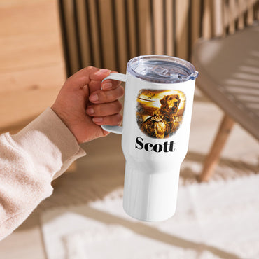 Custom Golden Retriever Hunting Dog Travel Mug Tumbler with Handle, Stainless Steel BPA-free Cup, 25 Ounce Mug, Dad Mom Dog Lover Gift