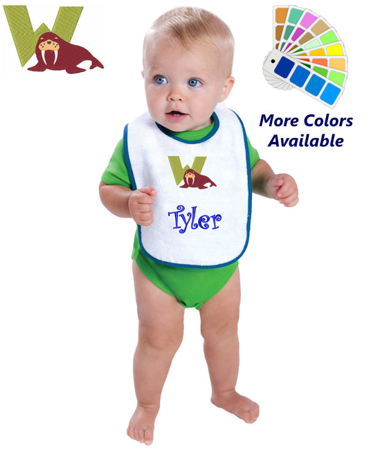 Personalized Baby Bib, White Cotton Terry with Contrast Trim, Letter W, Alphabet, Walrus Design, for Boy or Girl, Embroidered Name