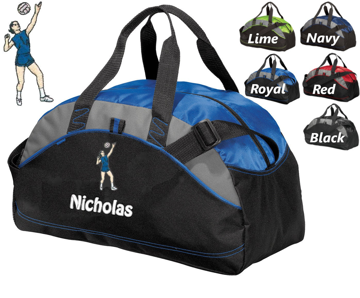 Personalized Kids Duffel Bag, Volleyball Player Design, Gym Bag, School Sports, Contrast Stitching, Embroidered Name, Volleyball Gift