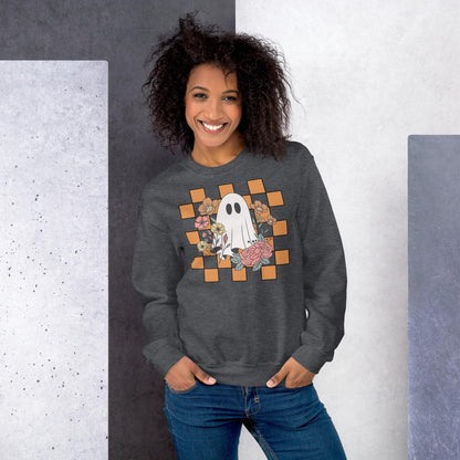 Halloween Ghost Sweatshirt, Cute Ghost Checker Floral Sweats, Womens Halloween Sweatshirt, Cute Retro Fall Sweats, Spooky Season, Fall Gift