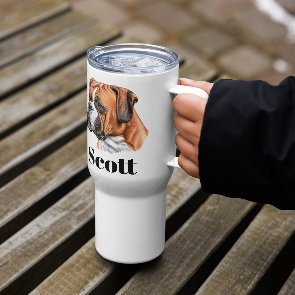 Custom Boxer Dog Travel Mug Tumbler with Handle, Stainless Steel BPA-free plastic Cup, 25 Ounce Mug, Dad Dog Lover Gift