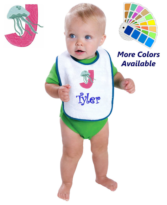 Personalized Baby Bib, White Cotton Terry with Contrast Trim, Letter J, Alphabet, Jellyfish Design, for Boy or Girl, Embroidered Name