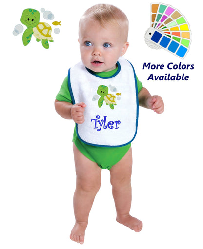 Personalized Baby Bib White Cotton Terry with Contrast Trim Baby Turtle Fish Design for Boy or Girl Embroidered Name