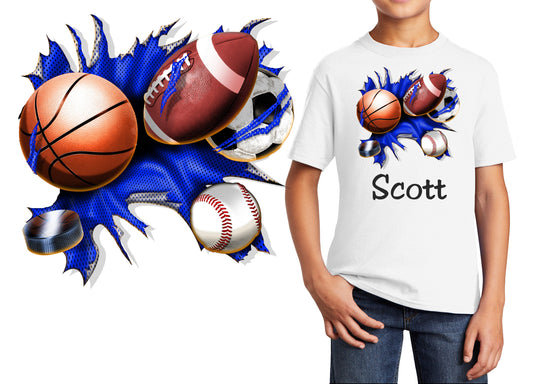 Personalized Kids All Sports T-Shirt Soccer Football Basketball Baseball Hockey Design, Colorful, Cotton, Low Price Tee Shirt, Student Gift