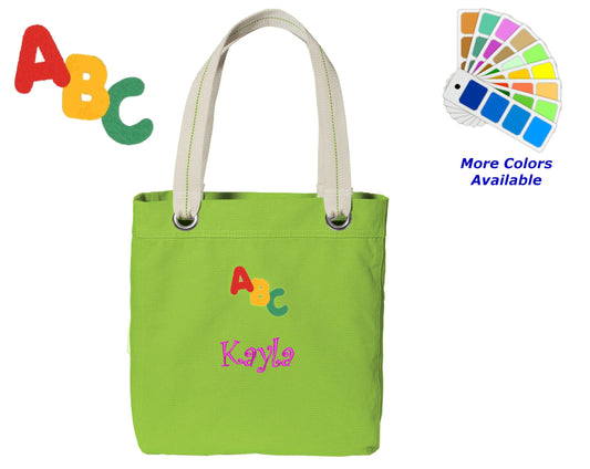 Personalized Canvas Tote Bag ABC Alphabet Design Contrast Lined with Metal Grommets Embroidered with Name or Text of Your Choice