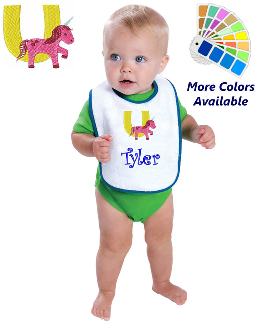 Personalized Baby Bib, White Cotton Terry with Contrast Trim, Letter U, Alphabet, Unicorn Design, for Boy or Girl, Embroidered Name