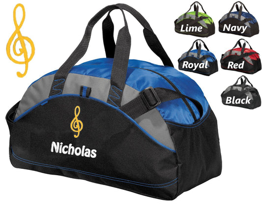 Personalized Kids Duffel Bag, Treble Clef Design, Gym Bag, School Band, Contrast Piping Stitching, Embroidered Name, Music Gift Student Gift